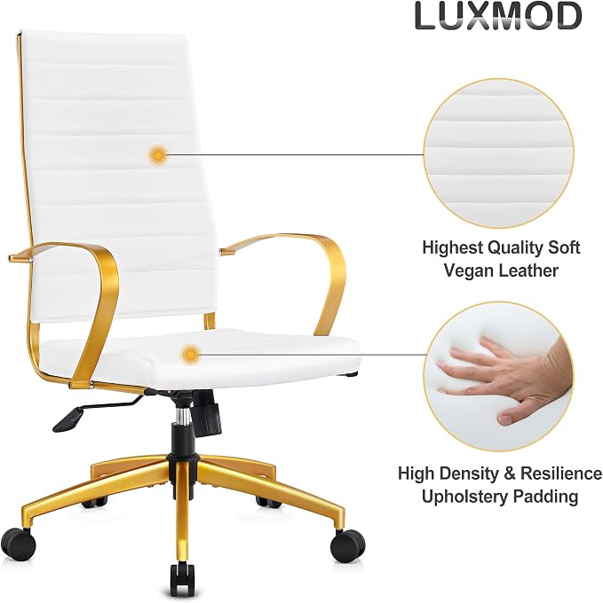 Ergonomic Office Chair, High Back Executive Chair in White Vegan Leather with Gold Accents, Adjustable Desk Chair with Back Support for Home Office(White)