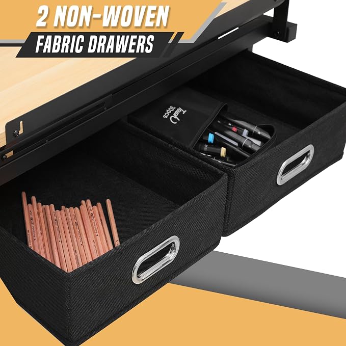 Drafting Table with Height Adjustable Wood Top, Drawing Table with Storage Drawers, Extendable Design, Art Desk Ideal for Drawing, Painting, Writing, Home Office, Natural