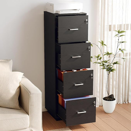 VINGLI 4 Drawer File Cabinet with Lock, Home Office Filing Organizer, for Letter Size File Folder Storage, Wood Tall Vertical Filing Cabinet, Printer Stand, Archivador (Black)