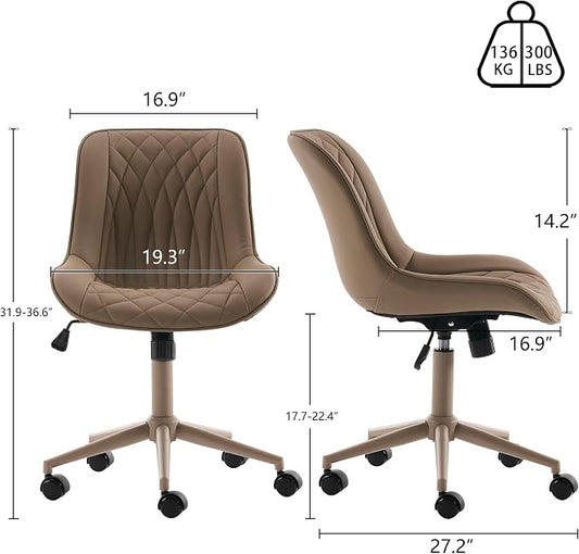 YOUNIKE Faux Leather Ergonomic Office Chair Armless Comfy Desk Chair with Rocking Back Cute Swivel Vanity Chair with Wheels Height Adjustable Small Computer Task Chair for Sewing Drafting Khaki