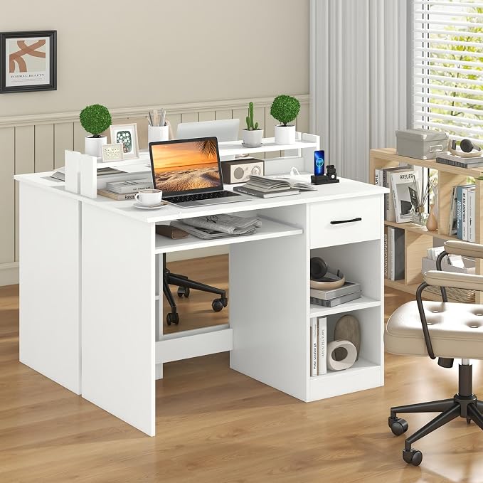 GOFLAME White Computer Desk with Charging Station, Type C Port, Modern Writing Desk with Drawer, Removable & Adjustable Shelf, Keyboard Tray, Home Office Laptop Desk with Hutch, for Bedroom, Study