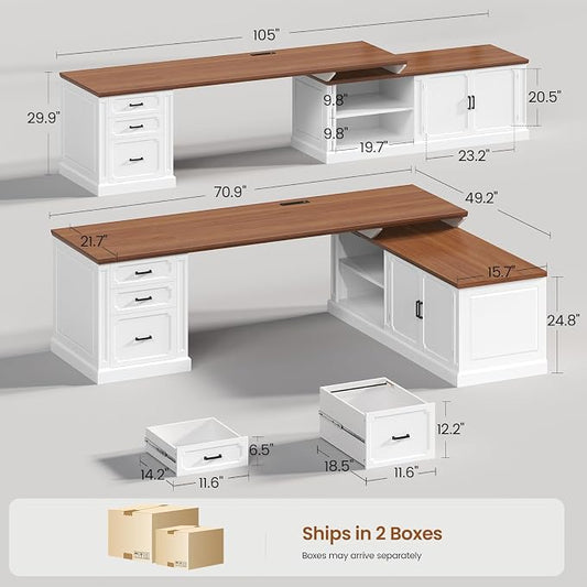 SEDETA Farmhouse L Shaped Desk with Drawers, 70.9" Home Office Desk with Storage Cabinet and Storage Shelves, L Shaped Computer Desk with Power Outlet,White+Brown