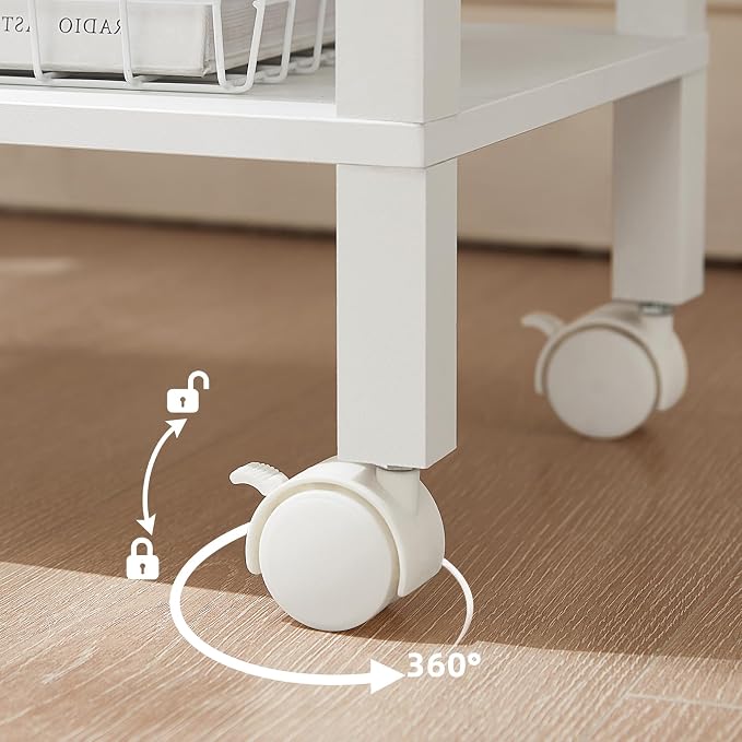 YUFAM 2 Tier Under Desk Printer Stand with Storage, Small Printer Table with Charging Station, Rolling Printer Cart Shelf with Lockable Wheels for Home, Office (White)