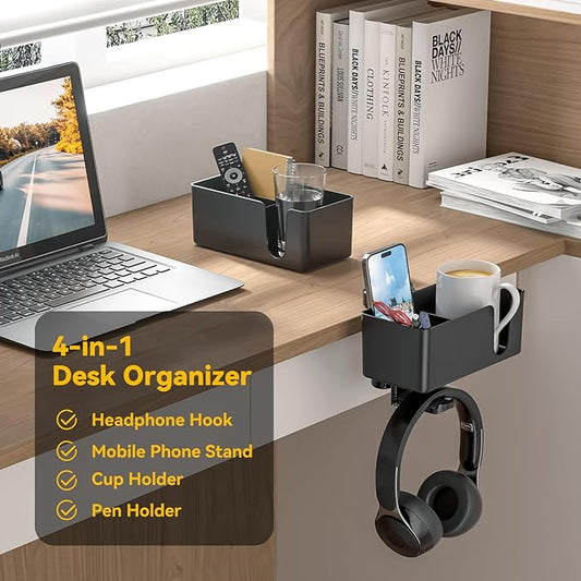 KDD 4 in 1 Desk Cup Holder - Clamp on Under Desk Headphone Hanger - Rotating Headphone Holder Detachable Pen Cup Holder Desktop Storage for Cup, Phone and Pen(Black)