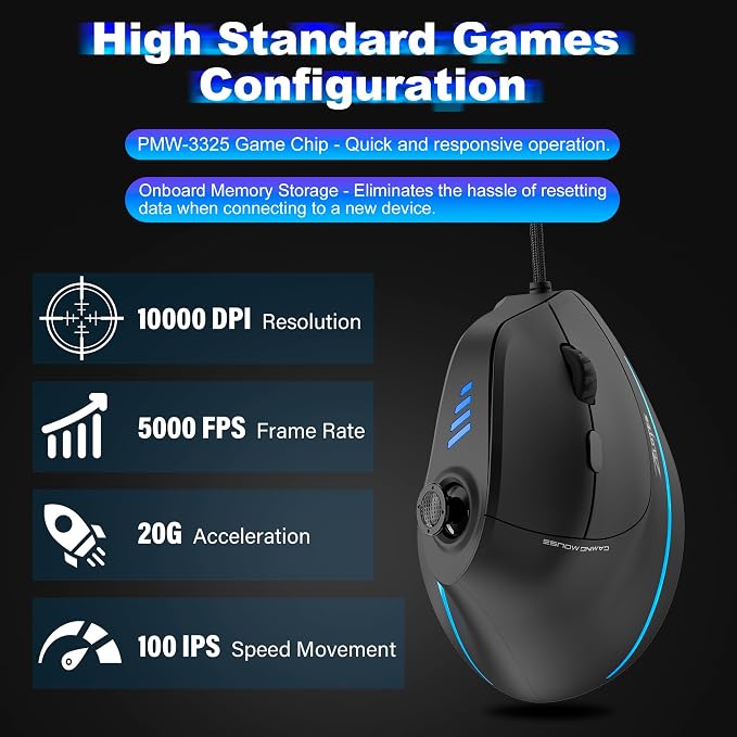 TRELC Gaming Mouse with 5 D Rocker, Vertical Ergonomic Mouse with 11 Programmable Buttons, 10000 DPI, On-Board Memory, Optical Computer Mice for PC/Laptop/E-Sports/Gamer (Wired)