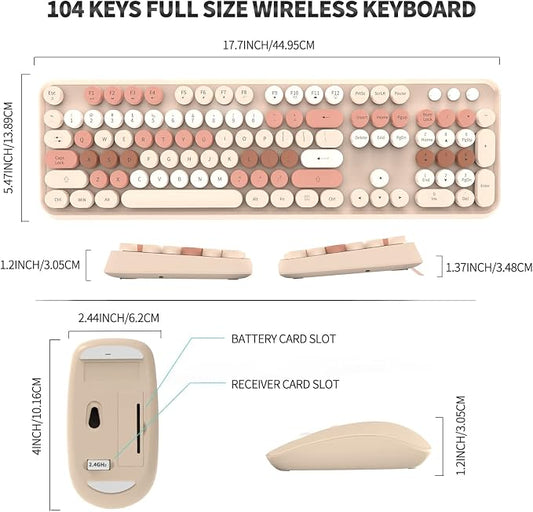 Wireless Keyboard and Mouse Combo Cute Colorful Keyboard and Mouse, Retro Typewriter Keyboard with 2.4GHz Plug & Play, for Windows 11/10/7, Laptop, PC (Milk Tea)