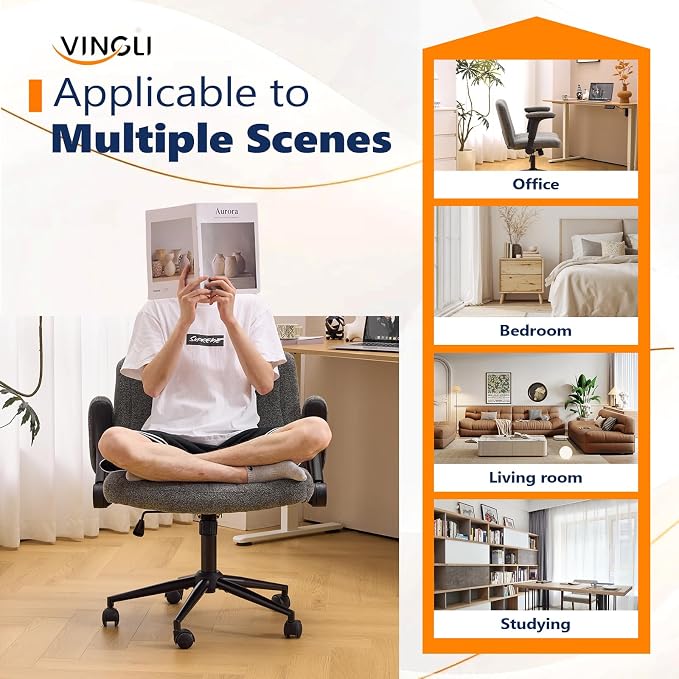 VINGLI Criss Cross Chair with Adjustable Flip-Up Arms,Cross Legged Chair with Wheels, Extra Wide Office Chair,Cozy Desk Chair for Home Office, Vanity, Apartment,Chenille Velvet,Grey