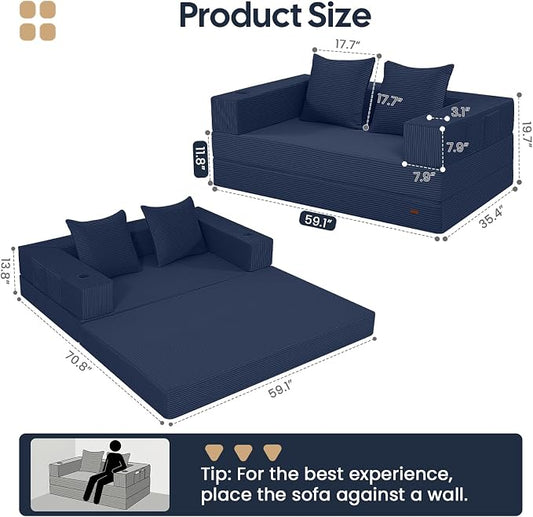 COMAX Futon Sofa Bed, 4‑in‑1 Convertible Sofa Bed, Folding Boneless Couches | Boneless Couch for living room, Fold Out Small Foldable Loveseat Floor Sleeper Mattress Lounge Space‑Saving, Navy Blue