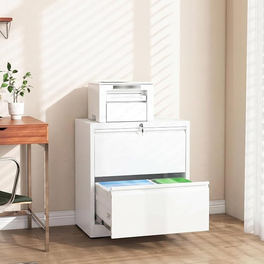 Lateral File Cabinet with Lock, 2 Drawer Filing Cabinet, Metal File Cabinets for Home Office, Steel Heavy-Duty Filing Storage Cabinet for Letters/Legal/A4 (Require Assembly, White)