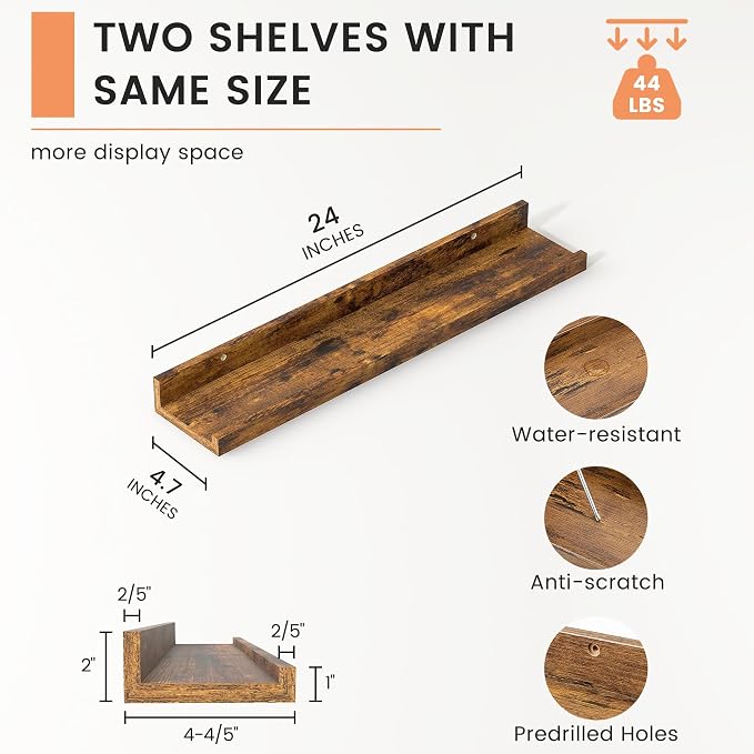 FLYJOE Picture Ledge Shelf, Floating Shelves Set of 2, 24 Inches Nursery Book Shelves for Toys Storage, Kids Bookshelf Wall Mounted for Living Room Bedroom Decor Books Photo Frames, Rustic Brown