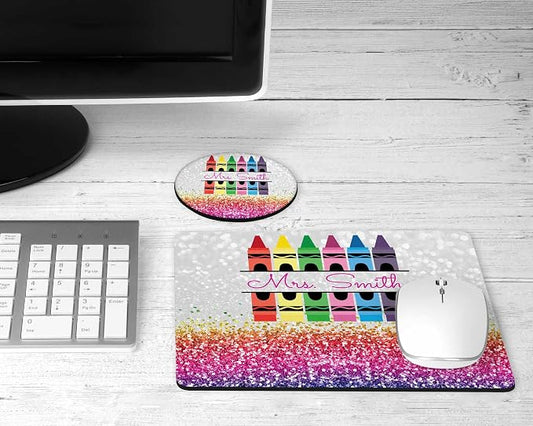 Personalized Teacher Mousepad and Coaster Desk Set Gift for Teachers Appreciation Back to School Classroom Decor Custom Handmade by The Painted Pug (Rainbow Crayon)