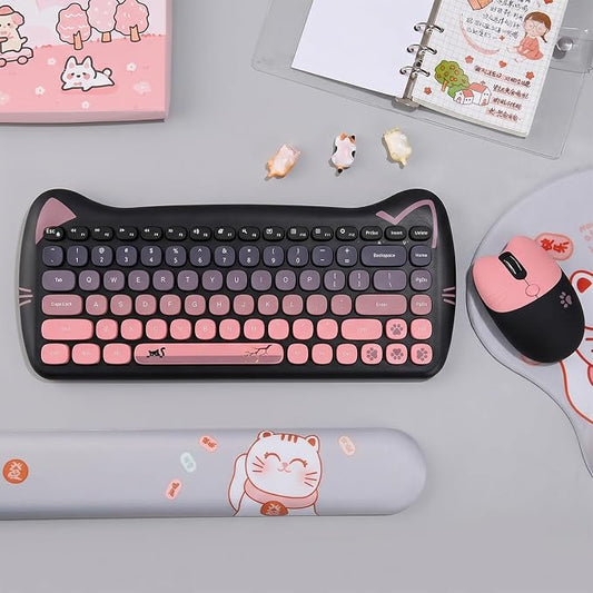 Cute Cat 2.4G USB Wireless Keyboard and Mouse Combo, Silent Keys, Candy Colors, Compatible with Notebook, PC (BlackPink-84Keys)