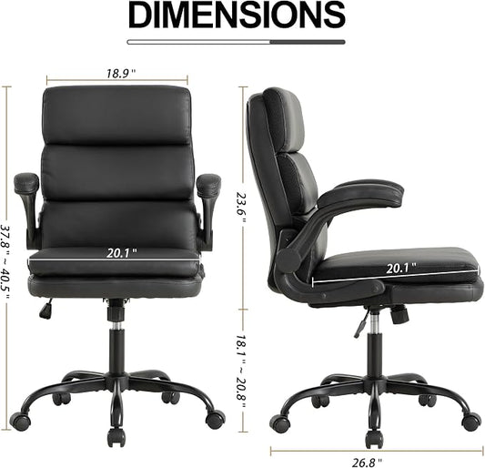 Mid Back Office Desk Chair,Leather Conference Room Chairs,Ergonomic Home Computer Chair,Modern Executive Chair with Padded Flip-up Armrest and Swivel Wheels (Black)