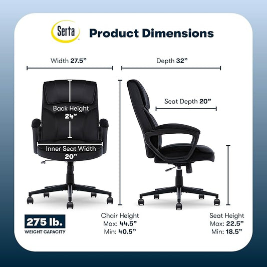 Serta Comfort Classic Executive Office Chair, Ergonomic Mid-Back Computer DeskChair with Lumbar Support, Semi-Plush Cushion and Body Pillows, Padded Armrests, Swivel Base, Black Velvet Fabric