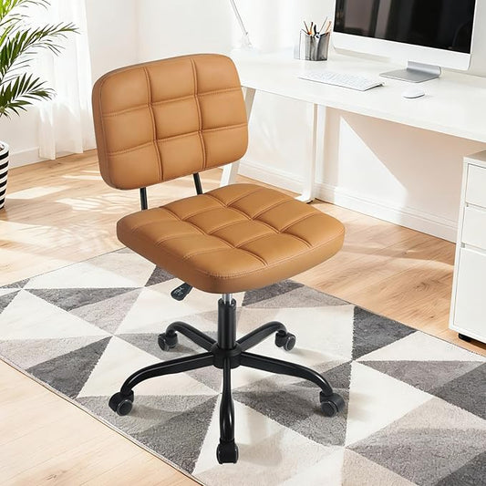 Armless Home Office Desk Chair - Small Swivel Office Desk Chairs with Rolling Wheels - Height Adjustable PU Leather Computer Chair with Comfy Low Back - For Small Space, Bedroom, Home, Vanity- Brown