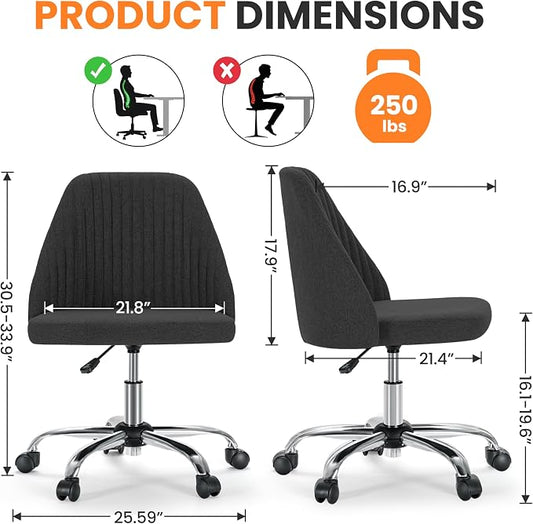 Simple Deluxe Armless Office Desk Chair, Modern Cute Swivel Vanity Chair Comfy Home Office Chairs with Wheels Height Adjustable Rolling Computer Task for Living Room, Make-up, Bedroom, Dark Grey