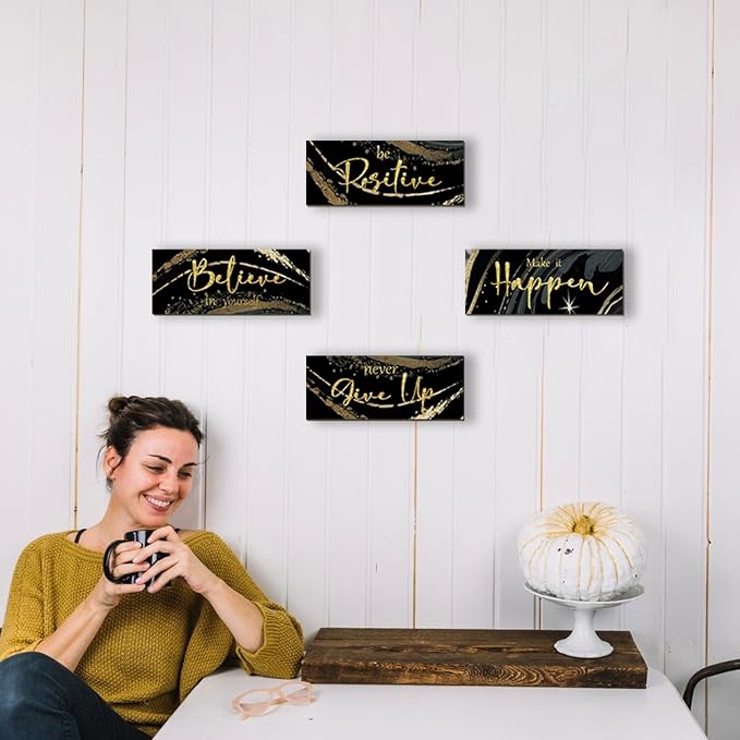 FENCORDAR 4 Piece Black and Gold Wall Decor Set Motivational Wall Decor Inspirational Wooden Signs for Bedroom Bathroom Women’s Office Abstract Elegant Art for Home or Office Decoration 10X4 Inches