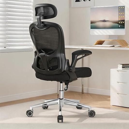 Office Chair, Ergonomic Breathable Mesh,Flip-Up Arms and Adjustable High Back Lumbar Support,Comfy Computer Chair for Home Office (Black, 407)