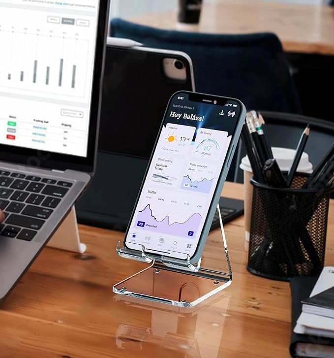 Crpich Acrylic Cell Phone Stand, Portable Phone Holder, Clear Phone Stand for Desk, Compatible with Phone16 15 14 13 12 Pro Max 11 Xr Plus SE, Switch, Android Smartphone, Pad, Desk Accessories, 2 Pack
