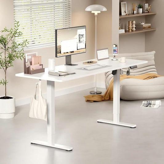 YESHOMY Height Adjustable Electric Standing Desk, 63 x 24 Inches Memory Home Office Sit Stand up Desk with Phone Holder and USB Charging Port, White