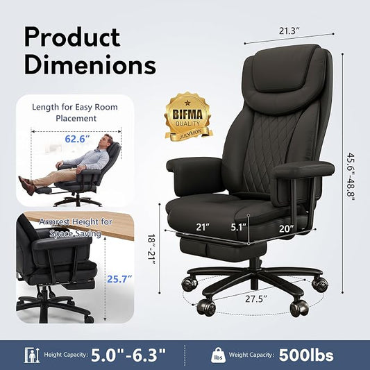 Executive Office Chair Big and Tall 500LBS, 165° Reclining Office Chair with Footrest, Leather Desk Chair with Quiet Rubber Wheels, Height Adjustable, Padded Arms, Black