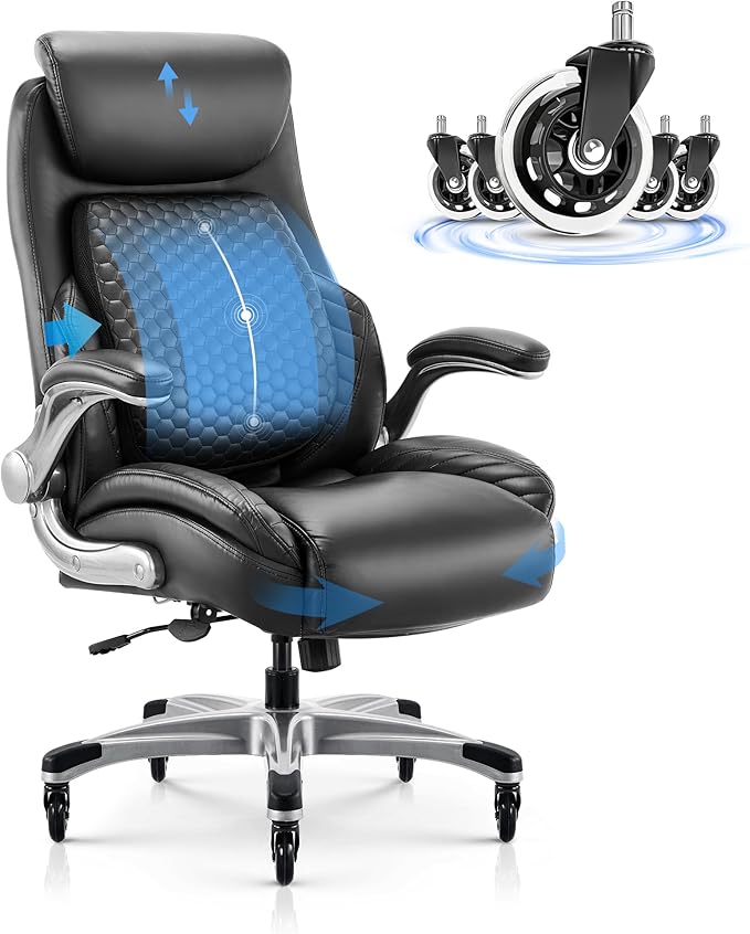COLAMY Office Ergonomic Desk High Back Executive Chair with Pop-Out Lumbar Support, Upgraded Casters, Adjustable Headrest, Flip-Up Arms, Leather Home with Thick Cushion for Comfort - Black