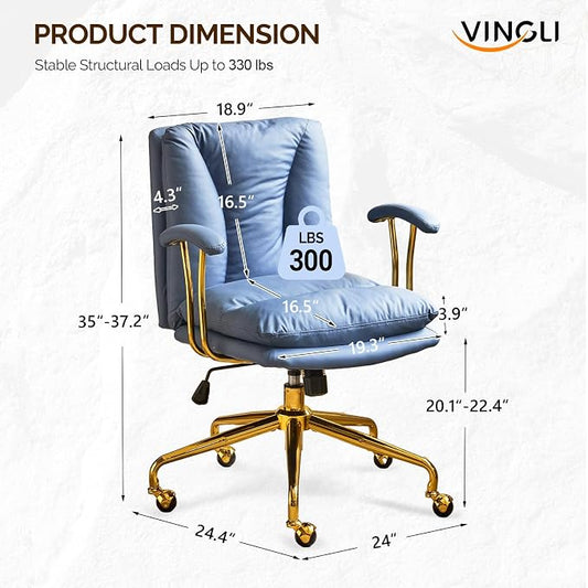 VINGLI Home Office Desk Chair Comfy with Wheels & Armrests,Gold Base Vanity Chair with Back,Adjustable Rolling Swivel Computer Task Chair for Study,Home Office,Cat Scratch PU,Navy Blue