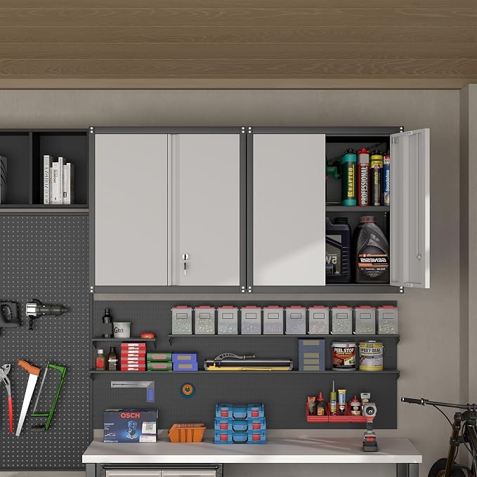 IRONFFICE Garage Wall Cabinet,Locking Wall Cabinet with Shelves,Wall Mounted Storage Cabinet,Metal Wall Cabinet for Garage,Basement,Home,Gray