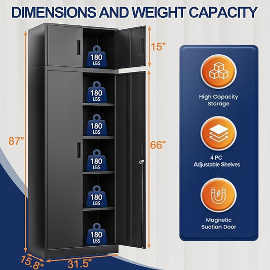 BESFUR Metal Storage Cabinet 87" H,Black Locking Storage Cabinets with Top Cabinet and 4 Adjustable Shelves for Home Office, Garage,School, Apartment, Warehouse, Utility Room