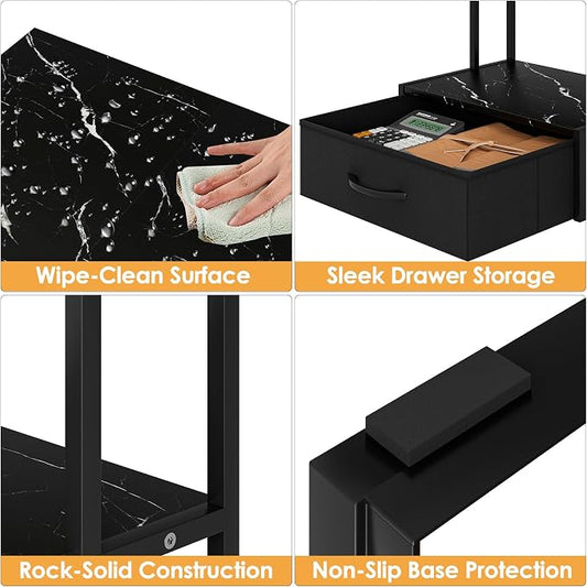 Masupu Printer Stand for Desk, Printer Table with Fabric Storage Drawer, 2 Tier Desktop Shelf, Multi-Purpose Desk Organizer for Home Office, 3D Printer, Fax Machine, Scanner, Marble Black