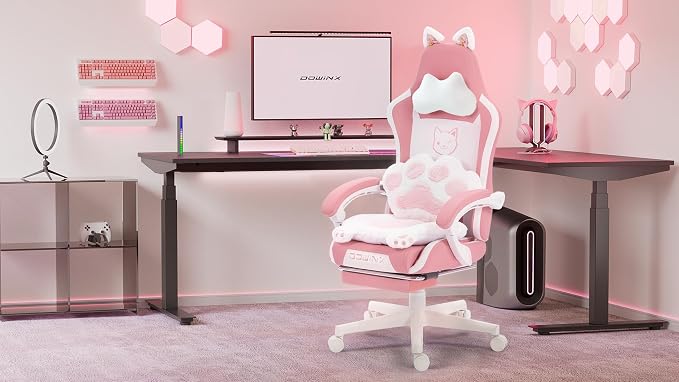 Dowinx Pink Gaming Chair with Cat Ears and Massage Lumbar Support, Ergonomic Computer Chair with Footrest and Headrest, Comfortable Reclining Game Chair 290lbs for Adults, Pink