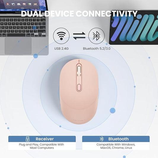 TECKNET Bluetooth Wireless Mouse, Bluetooth 5.2 & 2.4G USB Receiver, Compact & Portable, Silent Click, Ergonomic Symmetrical Design, 18-Month Battery, Adjustable DPI, Wide Compatibility - Pink