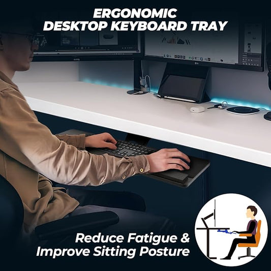 FAHKNS Keyboard Tray - Ergonomic Large Size Keypad Tray Holder, 360° Adjustable Slide Out Keyboard Tray Under Desk with Mouse Pad & Wrist Rest, Suitable for Office/Game/Home
