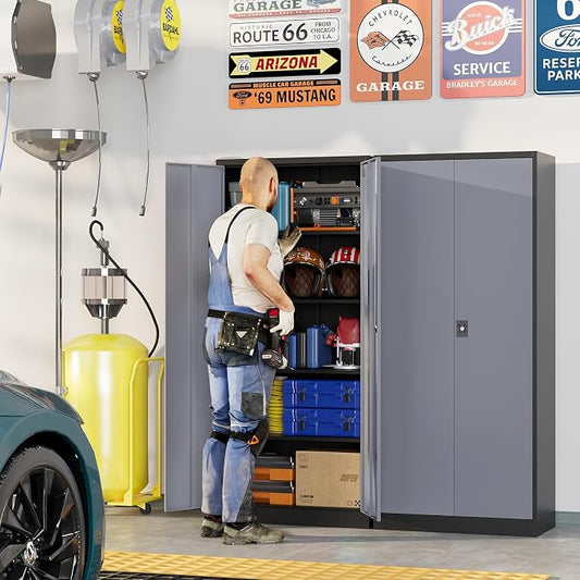 Metal Garage Storage Cabinets with Lock, 71" Tall Tool Cabinet with 2 Door and 4 Adjustable Shelves, Locking Garage Cabinets and Lockable Steel Locker for Home Office Warehouse-(Black Gray-71”H)