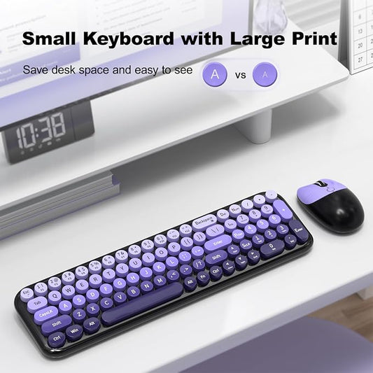 Wireless Keyboard and Mouse Combo, Meidosa 2.4GHz Colorful Full-Size Retro Typewriter Keyboard with Cat Shape 3 Level Adjustable Optical Mouse for PC/Desktop/Laptop/Windows (Black Purple)