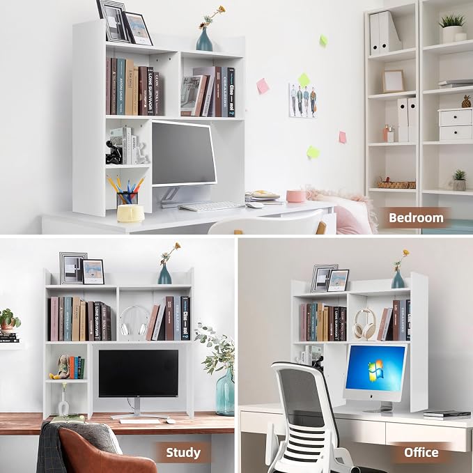 Desktop Bookshelf 36" Tall, White Desk Hutch for Dorm Computer Desk, 4-Tire Wood Desk Shelf Storage Organizer for Office Home