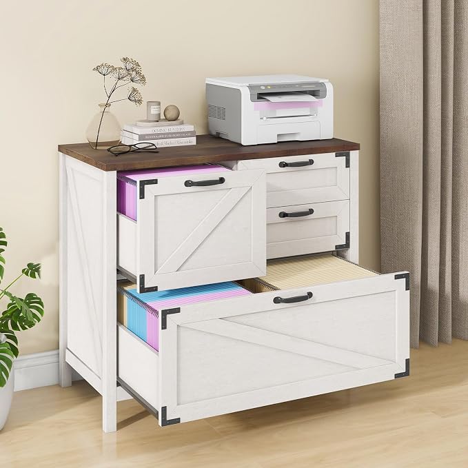 Halitaa Lateral File Cabinet with 4 Drawers Farmhouse File Cabinet for Letter/Legal/A4 Size Hanging Files, Large Wood File Storage Cabinets Printer Stand for Home Office Cabinet, Rustic White