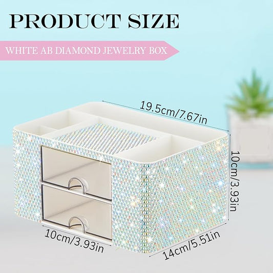 MotiMind Silver Bling Desk Organizer with 2 Drawer, Sparkly Makeup Organizer for Vanity, Girly Desk Accessories, Rhinestone Pen Holder, Elevate Your Workspace with Silver Serenity (Diamond)