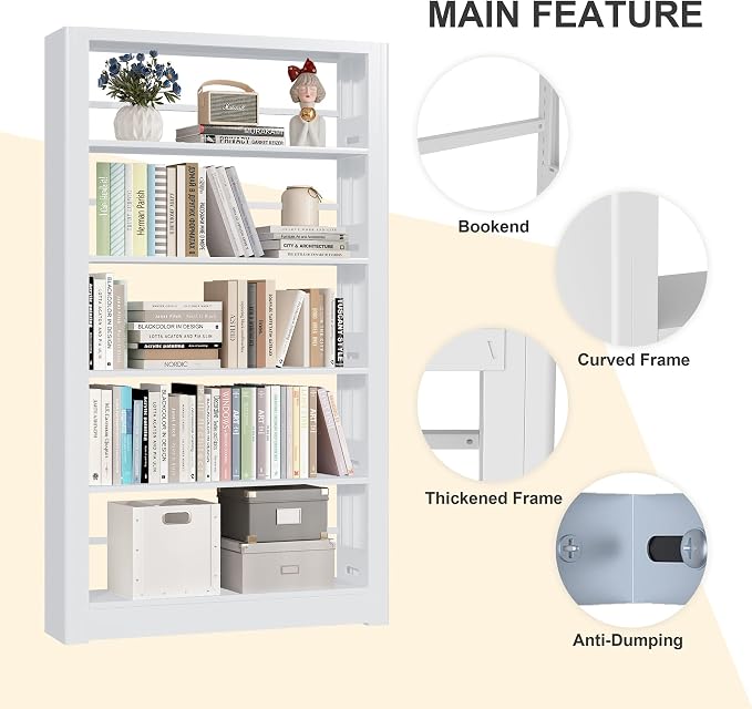 OSEILLC 69" Metal 5-Tier Bookshelf,Large Adjustable Bookcases (White) | Heavy Duty,Expandable bookshelf,280LB Load Capacity Each Shelf,Industrial Sturdy,Easy Assembly,Wide/Tall/Deep Bookcase