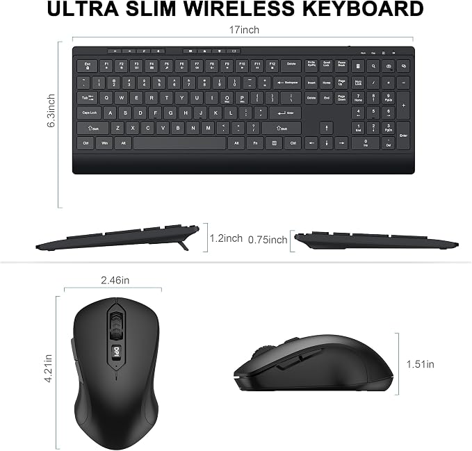 Wireless Keyboard and Mouse Combo, Full Size Quiet Key Computer Keyboard and Cordless Mice with 3 DPI Adjustable, 2.4G Lag-Free, Long Battery Life, Compatible with Windows and Mac Systems, Black