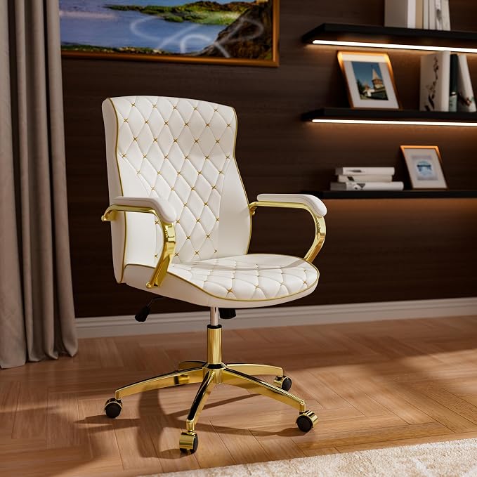 HomeZeer White and Gold Office Chair, Luxury Leather Executive Desk Chair | Elegant Timeless Appeal, Vintage Mid Back Styling with Wheels and Padded Arms, Thick High Density Foam Comfort