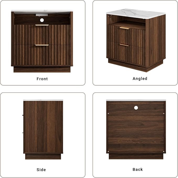 Fluted Nightstand, Night Stand Set 2, 23" Wide Walnut Nightstands Set of 2 with Charging Station & Faux Marble Top, 2 Drawer Large Wooden End Table, Bedside Table for Bedroom,Curved Corners