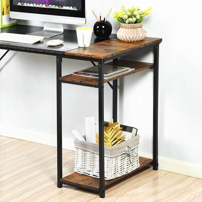 FurnitureR 47.2 inch Study Writing Table with Storage Shelves Space Saving for Home Office, Modern Simple Style PC Metal Frame Computer Desk, Black&Brown