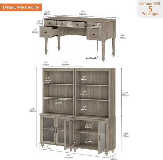WAMPAT Home Office Furniture Set, 56'' Executive Desk with Charging Station, 72" Tall Bookcase with 4 Glass Doors, Wood Computer Desk with File Cabinet Storage, Open Shelf, Wash Grey