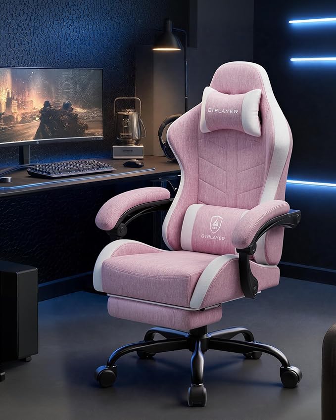 GTPLAYER Gaming Chair with Footrest, Computer Gaming Chair for Adults, Height Adjustable Gamer Chair with 90-155° Recline & Removable Headrest Lumbar Support,Linen Fabric Pink