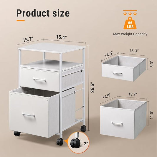 DEVAISE 2 Drawer Fabric Vertical Filing Cabinet, Rolling Printer Stand, White