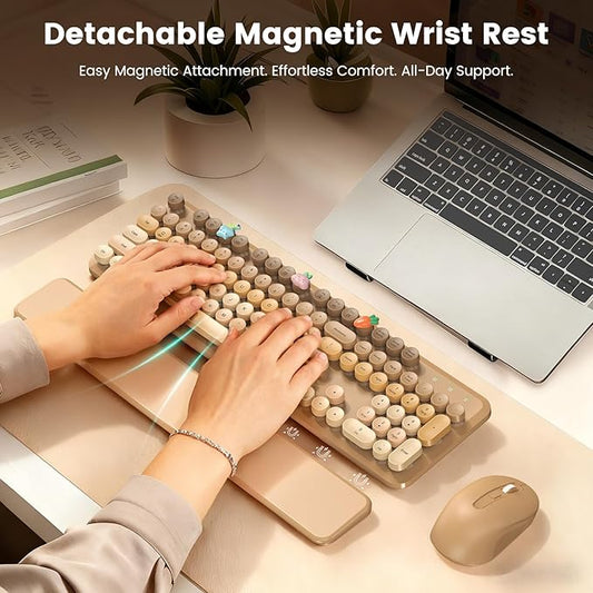 Wireless Keyboard and Mouse Combo, Full-Size Retro Typewriter Keyboard with Round Keycaps, Magnetic Wrist Rest & Tilt Legs, 2.4GHz Cordless for Mac/Windows PC/Laptop, SABLUTE CK23, Latte Gradient
