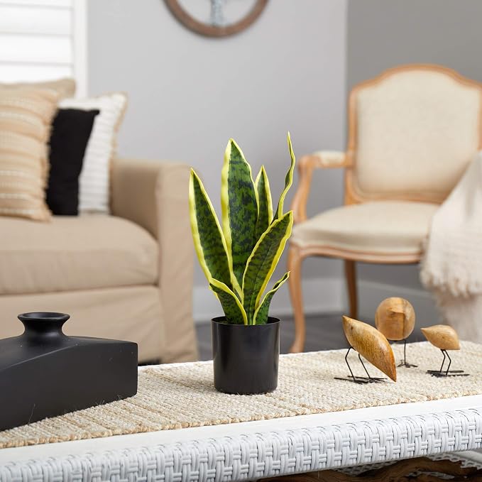 Nearly Natural 14-in Artificial Tall Snake Plant Sansevieria, Yellow Faux Snake Plant for Indoor Home Decor in Black Nursery Pot, Fake Plant for Office, Living Room, Bedroom, Tabletop, DIY