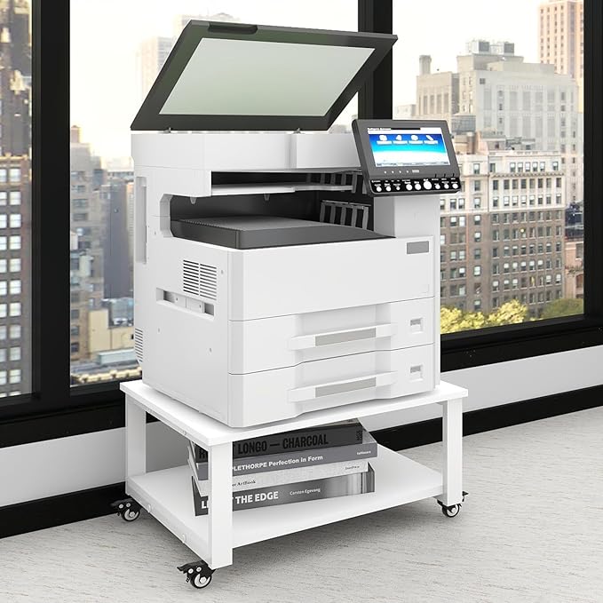 Natwind 2 Tier Laser Printer Stand,23.6''x23.6'' Large Printer Table,Copier Stand with Wheels, Heavy Duty Rolling Printer Cart with Paper Storage Shelf for Home Office (White)
