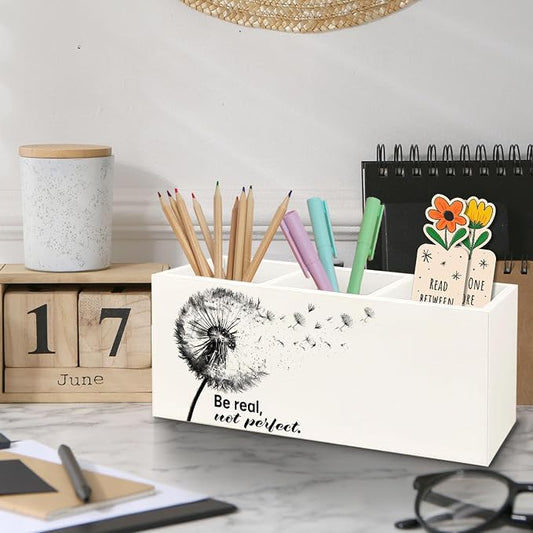 Dandelion Motivational Decorative Pencil Holder for Desk, Be Real Not Perfect Wooden Pen Pencil Holder, Motivational Gifts for Women Men, Motivation Decor for Home Room Office